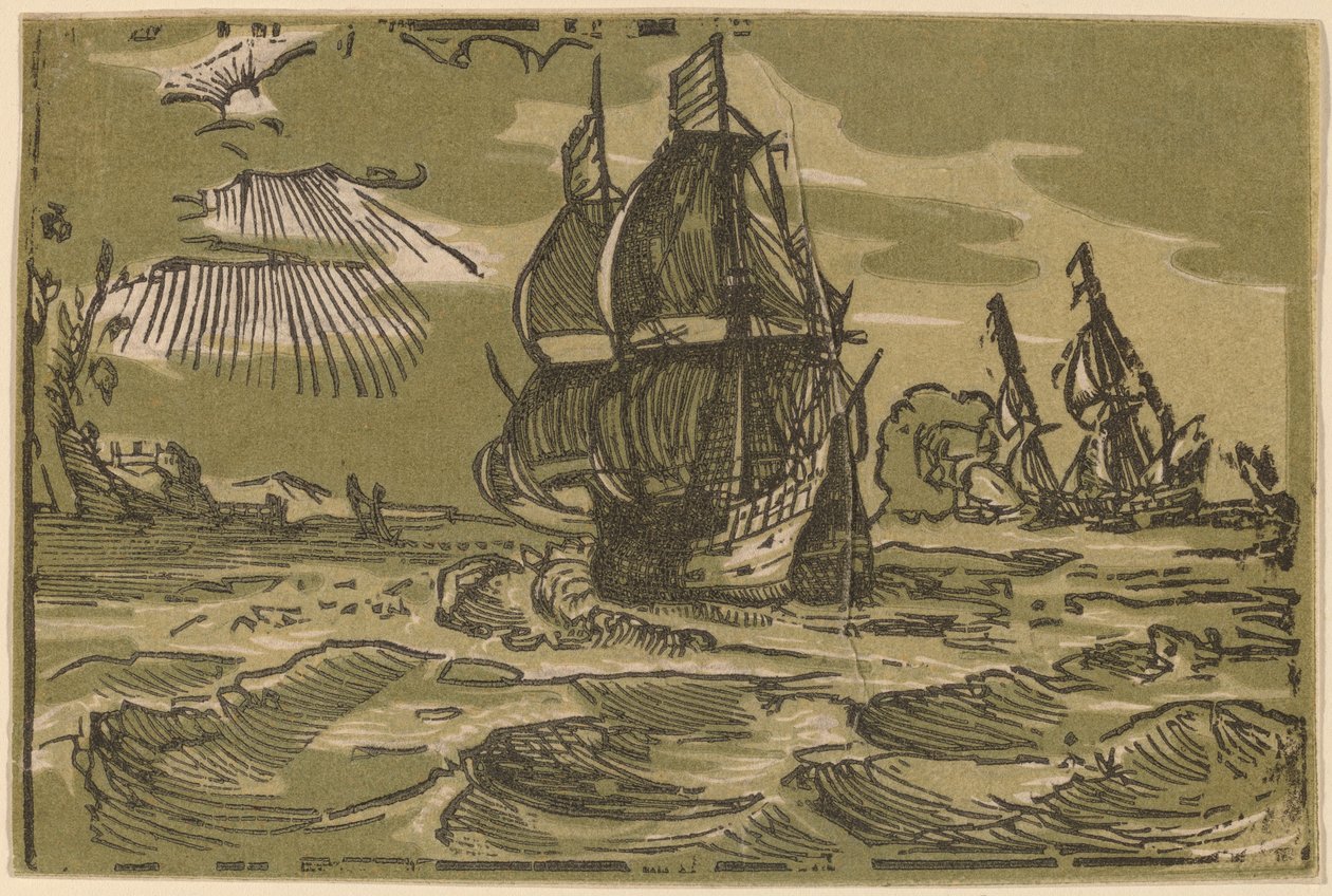 Kaksi kolmen päällikön alusta rannikolla tekijältä attributed to workshop of Willem Jansz. Blaeu