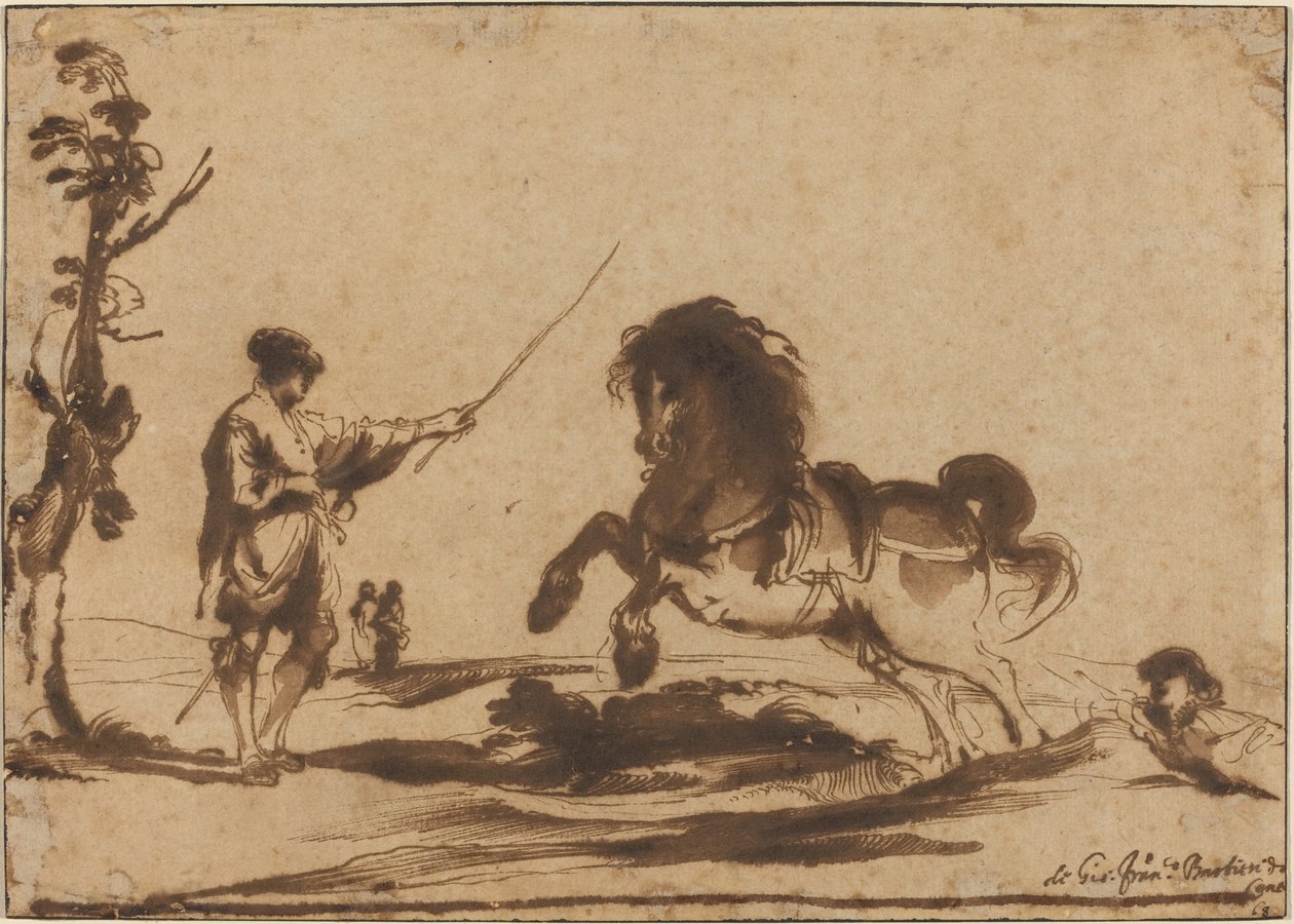 Maisema hevosen kesytyksen kanssa tekijältä called Guercino Giovanni Francesco Barbieri