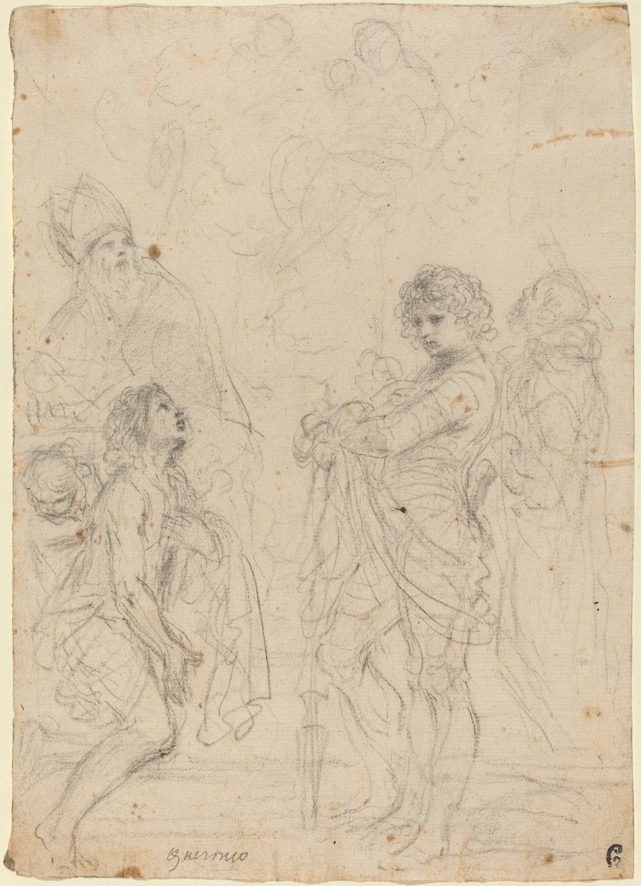 Madonna ja lapsi pyhien Gimignanon, Johannes Kastajan, Georgen ja Pietarin marttyyrien kanssa tekijältä called Guercino Giovanni Francesco Barbieri