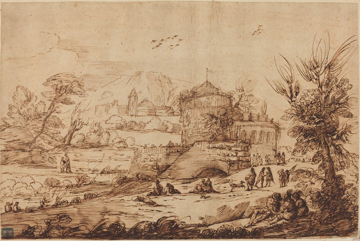 Maisema linnoituksen ja joen kanssa tekijältä called Guercino after Giovanni Francesco Barbieri
