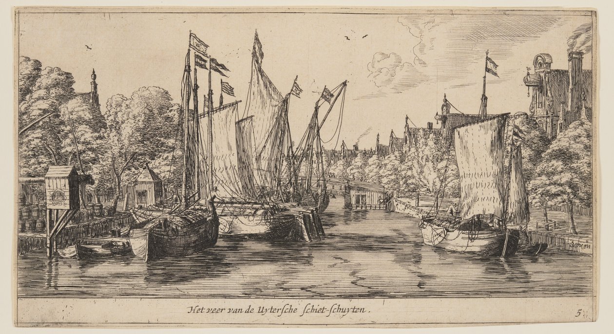 Uytersche Schiet-Schuytenin lautta, näkymästä Views of Amsterdam. tekijältä called Zeeman Reinier Nooms