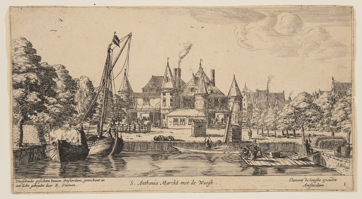 S. Anthonis Marckt met de Waegh, lähteestä Views of Amsterdam (Amsterdamin näkymät) tekijältä called Zeeman Reinier Nooms