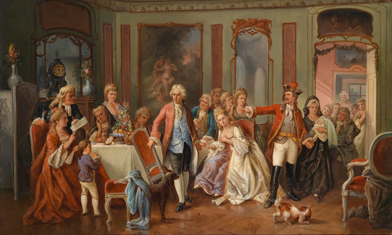 Überraschter junger Vater im Kreise einer eleganten Gesellschaft tekijältä circle of Carl Herpfer