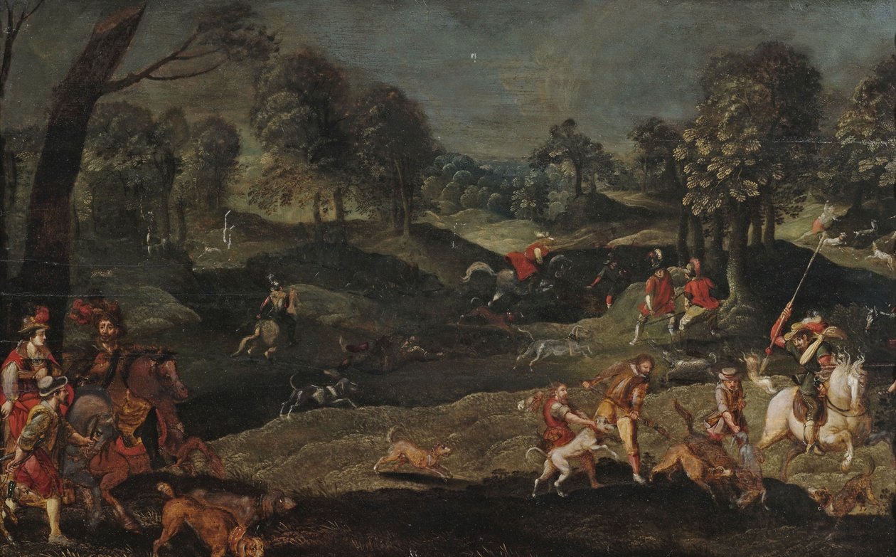 Hetzjagd in Waldlandschaft, an der ein Herrscherpaar teilnimmt tekijältä circle of Sebastian Vrancx