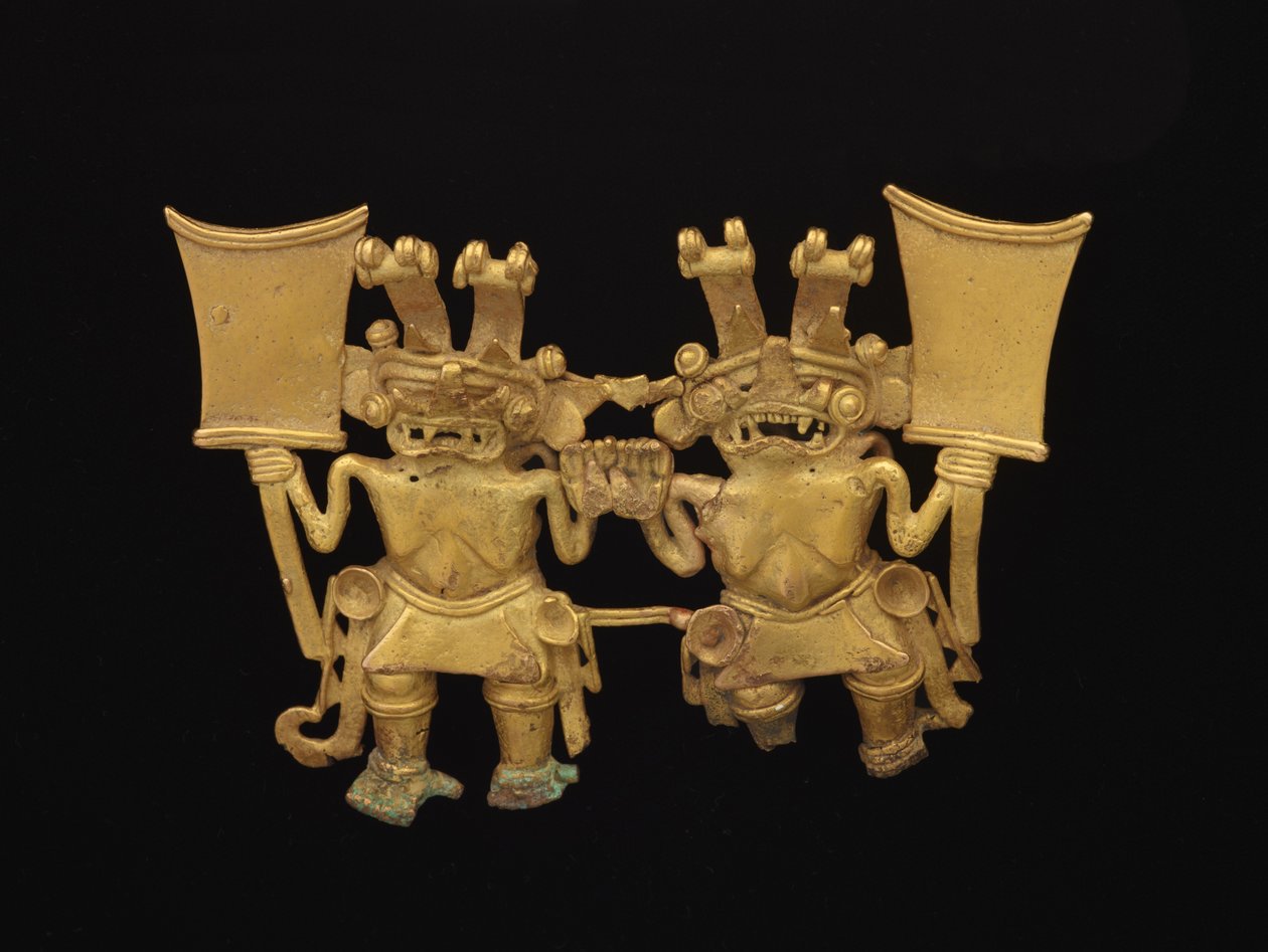 Riipus kahdella hahmolla, n.700-1520 (kulta-kupariseoksesta valmistettu tumbaga) tekijältä culture Diquis