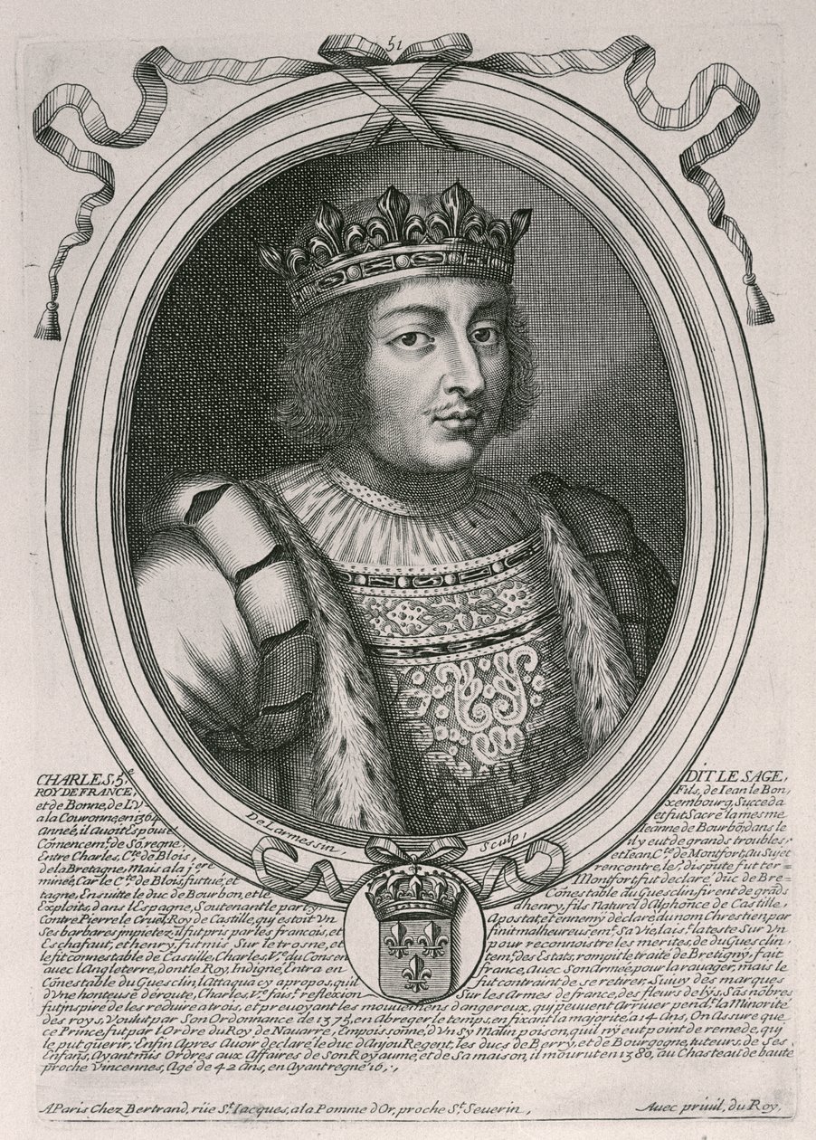 Kaarle V Viisas (1338-80) Ranskan kuningas, "Les Augustes Representations de tous les Rois de France from Pharamond to Louis XIV", Pariisi, 1679 tekijältä Nicolas II de Larmessin