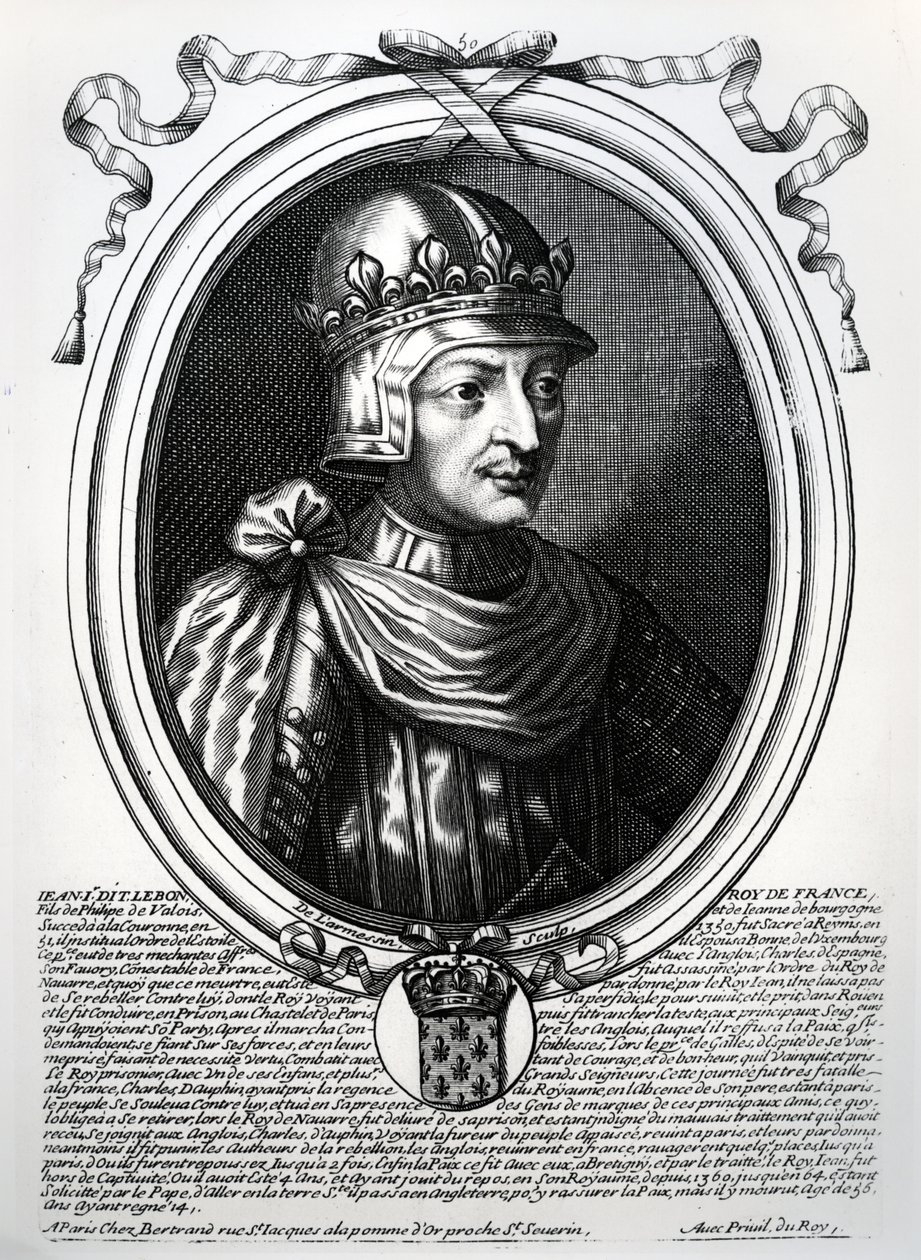 Johannes II Hyvä (1319-64), Ranskan kuningas, teoksesta "Les Augustes Representations de tous les Rois de France depuis Pharamond jusqu