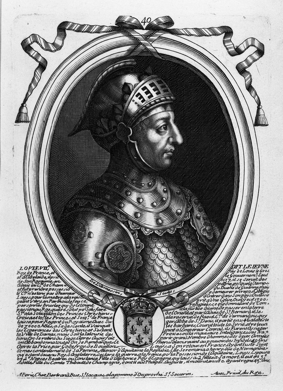 Ludvig VII Nuori (n. 1120-80) Ranskan kuningas, Les Augustes Representations de tous les Rois de France alkaen Pharamondista Ludvig XIV:hen, Pariisi, 1679 tekijältä Nicolas II de Larmessin