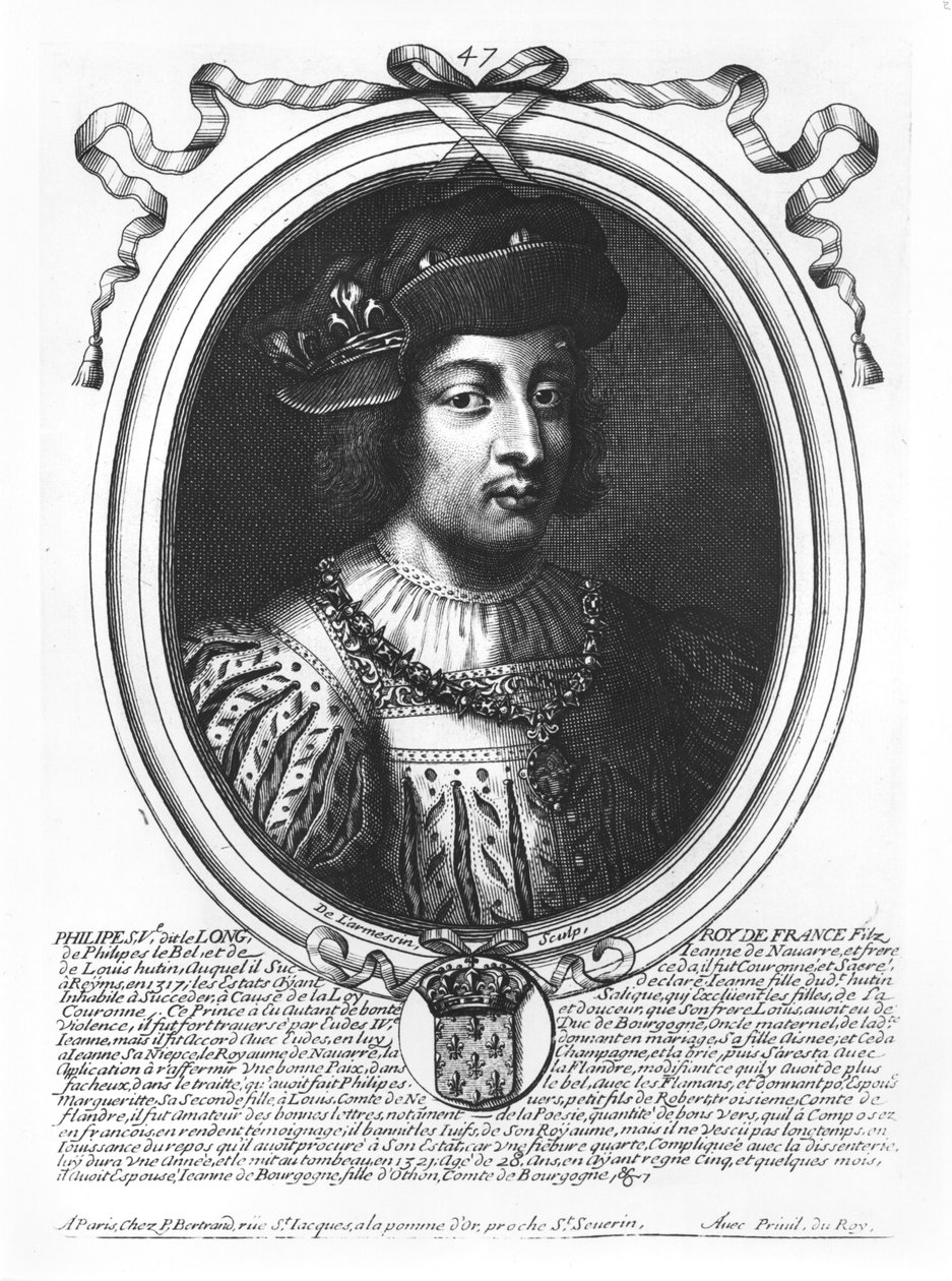Philip V Pitkä (n. 1294-1322) Ranskan kuningas, Les Augustes Representations de tous les Rois de France alkaen Pharamondista Ludvig XIV:hen, Pariisi, 1679 tekijältä Nicolas II de Larmessin