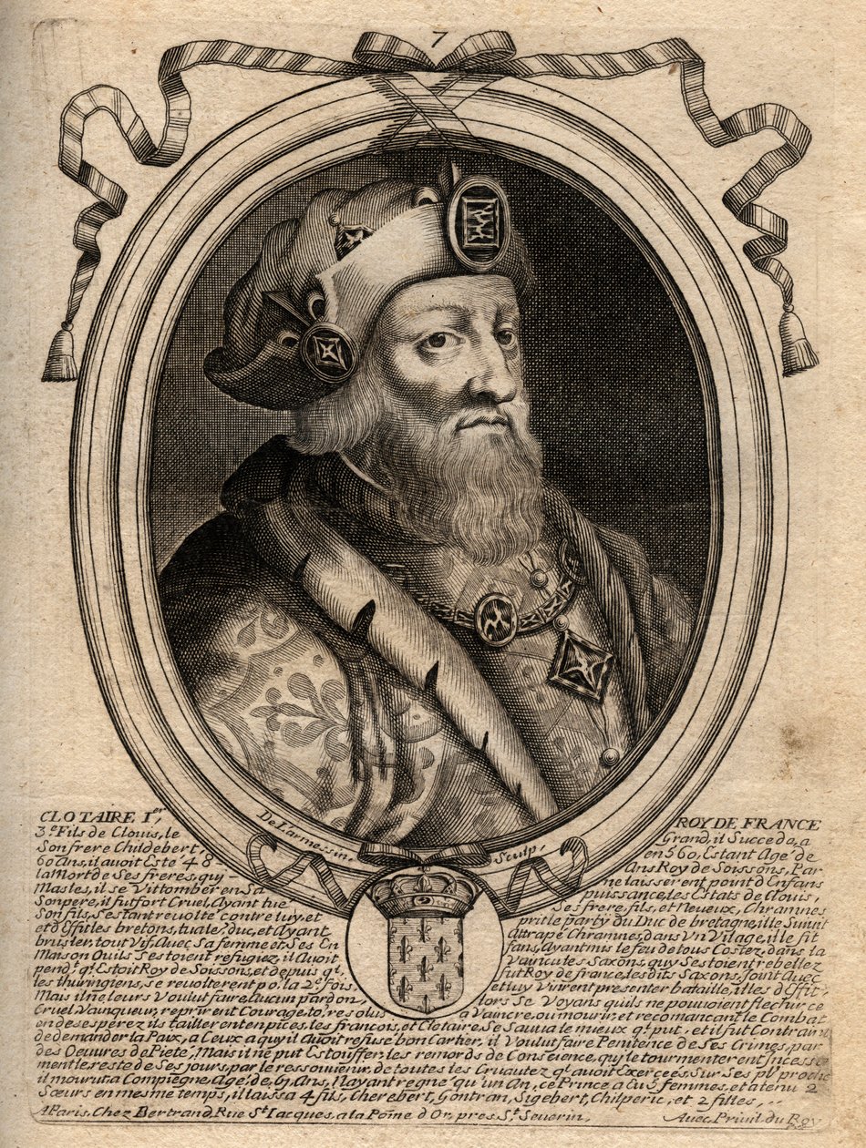 Clotaire (Clothaire) I:n (497 - 561), Neutrian kuninkaan ja frankkien kuninkaan muotokuva - Clothar I, frankkien kuningas - kaiverrus teoksesta "Les Augustes Representations de tous les Kings de France from Pharamond to LouisXIV", Pariisi tekijältä de Larmessin