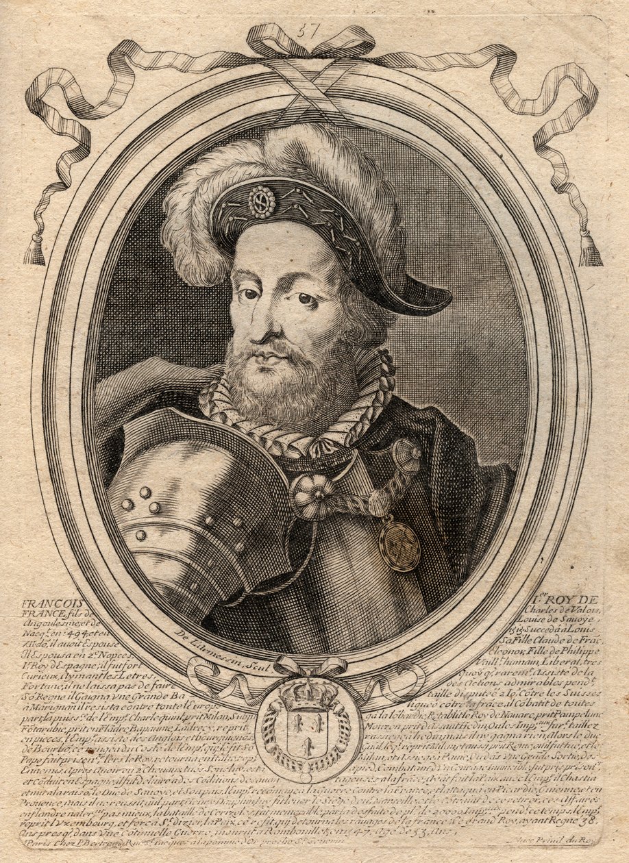 Muotokuva Francois I:stä (1494 - 1547), Ranskan kuningas - Francis I, Ranskan kuningas - kaiverrus teoksesta "Les Augustes Representations de tous les Kings de France from Pharamond to LouisXIV", Pariisi tekijältä de Larmessin