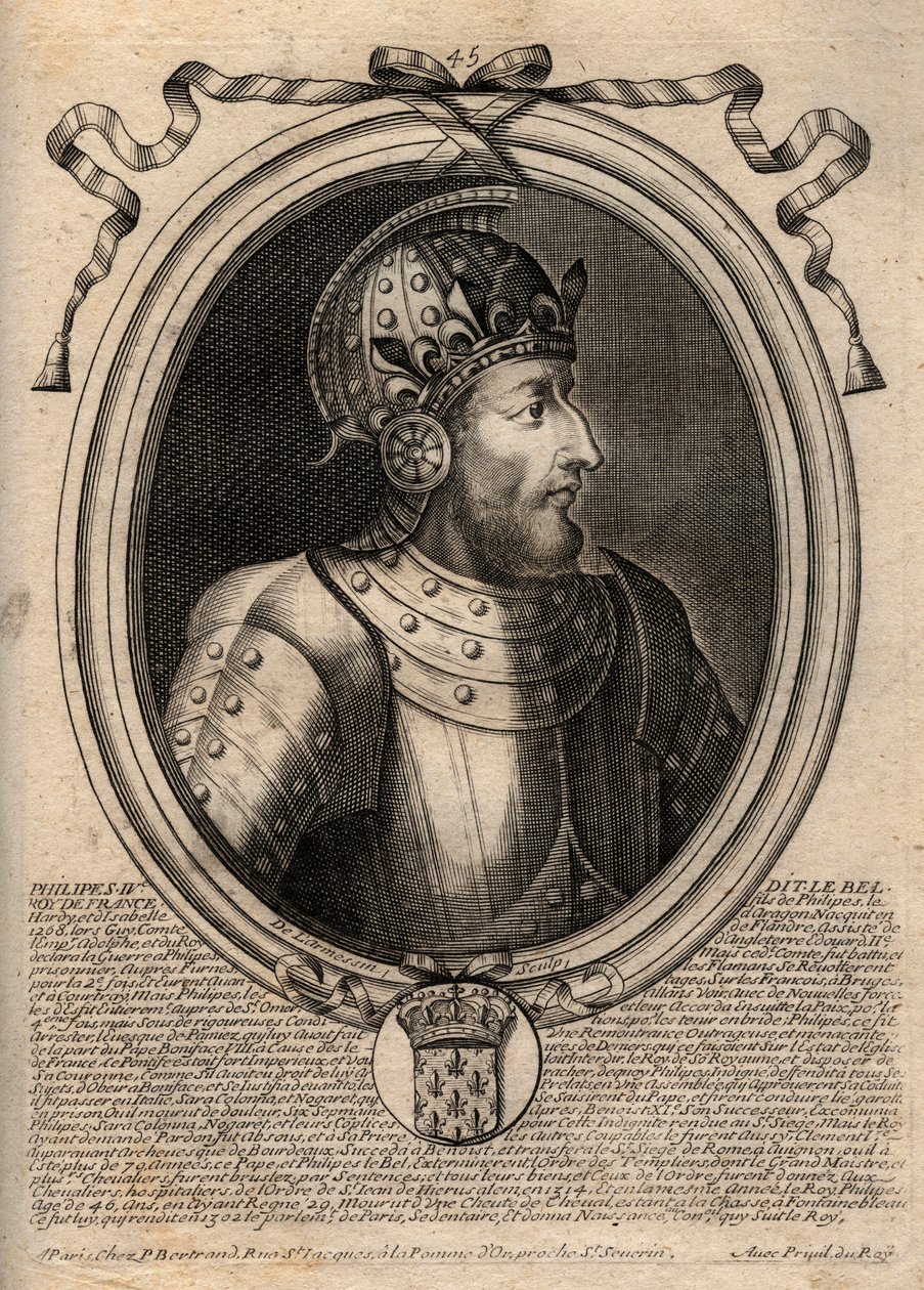 Muotokuva Philip IV Belistä (1268 - 1314), Ranskan kuningas - Philip IV Kaunis (1268-1314) Ranskan kuningas - kaiverrus teoksesta "Les Augustes Representations de tous les Kings de France from Pharamond to LouisXIV", Pariisi tekijältä de Larmessin