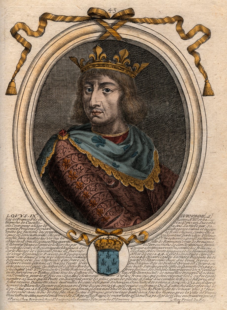 Pyhän Louisin (Saint-Louis, Louis IX (1214-1270) - Saint Louis IX (1214-1270) Ranskan kuninkaan muotokuva - kaiverrus teoksesta "Les Augustes: Kaikkien Ranskan kuninkaiden esitykset Pharamondista LouisXIV:hen", Pariisi tekijältä de Larmessin