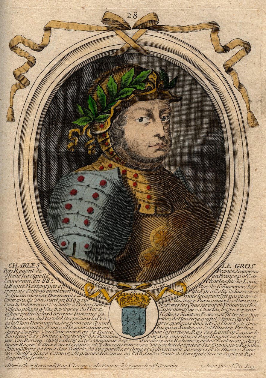 Karolingien dynastia: Kaarle III Le Grosin (839-888) frankkien kuninkaan muotokuva - Kaarle III Lihava - kaiverrus teoksesta "Les Augustes Representations de tous les Kings de France from Pharamond to LouisXIV", Pariisi tekijältä de Larmessin