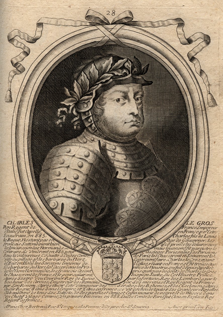 Karolingien dynastia: Kaarle III Le Grosin (839-888) frankkien kuninkaan muotokuva - Kaarle III Lihava - kaiverrus teoksesta "Les Augustes Representations de tous les Kings de France from Pharamond to LouisXIV", Pariisi tekijältä de Larmessin