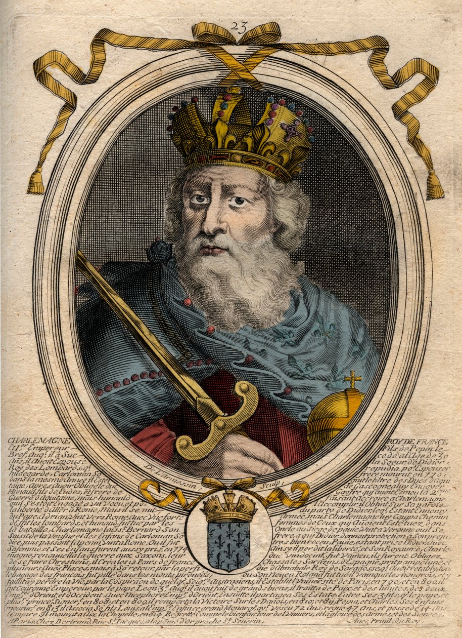 Kaarle Suuri (Charles I dit le Grand, Carolus Magnus, 742-814), frankkien kuningas - Kaarle Suuri (Carolus Magnus, Kaarle Suuri) (747-814) Frankkien kuningas ja lännen kristitty keisari - kaiverrus Lesistä Augustes Representations de tous les Ki tekijältä de Larmessin