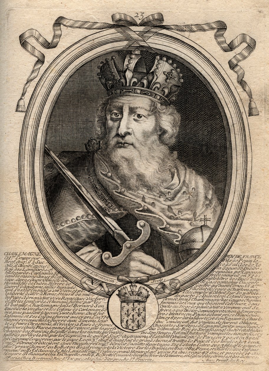 Kaarle Suuri (Charles I dit le Grand, Carolus Magnus, 742-814), frankkien kuningas - Kaarle Suuri (Carolus Magnus, Kaarle Suuri) (747-814) Frankkien kuningas ja lännen kristitty keisari - kaiverrus Lesistä Augustes Representations de tous les Ki tekijältä de Larmessin