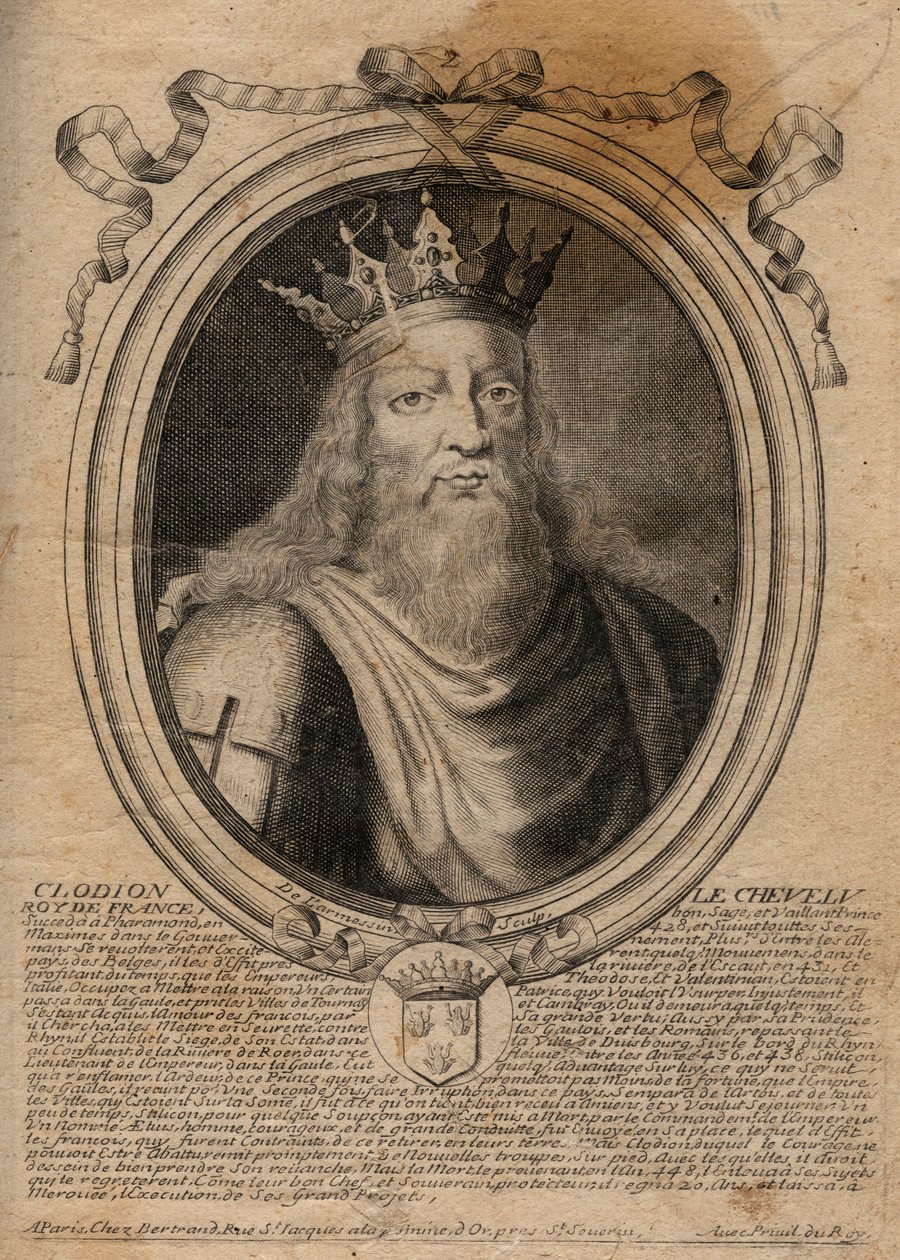 Clodion dit "" Le Chevelu"" (428-448), merovingien esi-isä, salialaisten frangien päällikkö - Clodion The Hairy (n. 428-47) Salian frankkien heimon kuningas - kaiverrus Les Augustes Representationsista de tous les Kings de France alkaen Pharamond t tekijältä de Larmessin