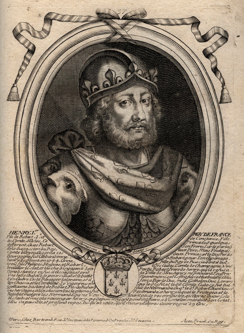 Kapetsialaisten dynastia: Henry I:n (1009-1060), frangien kuninkaan muotokuva 1031-1060 - Henrik I (1009-1060) Ranskan kuningas - kaiverrus Les Augustes Representations de tous les Kings de Francesta Pharamondista LouisXIV, Pariisi tekijältä de Larmessin