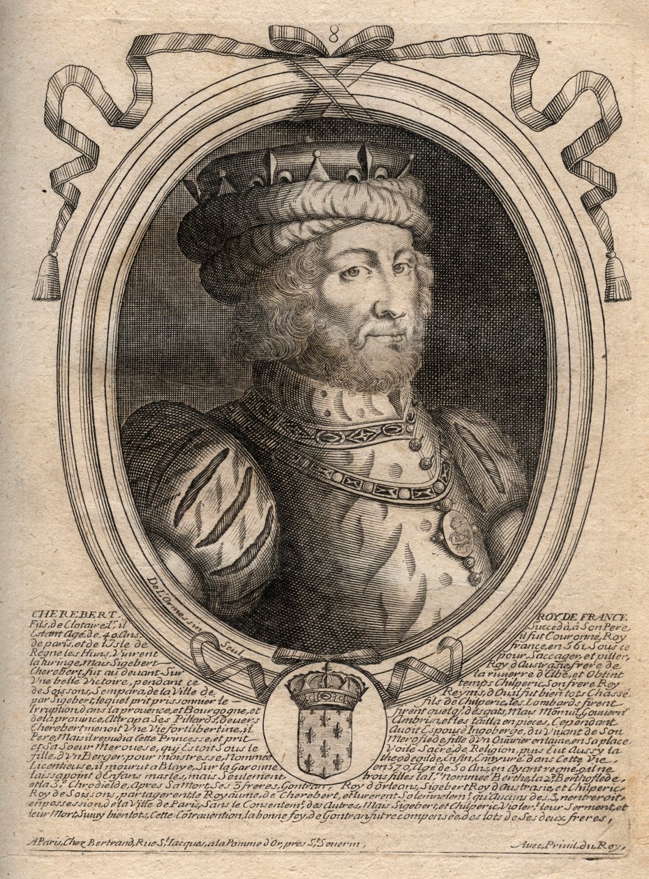 Caribertin, frankkien kuninkaan (561-567) muotokuva - Caribert tai Charibert (k.567) frankkien kuningas - kaiverrus teoksesta "Les Augustes Representations de tous les Kings de France from Pharamond to LouisXIV", Pariisi tekijältä de Larmessin