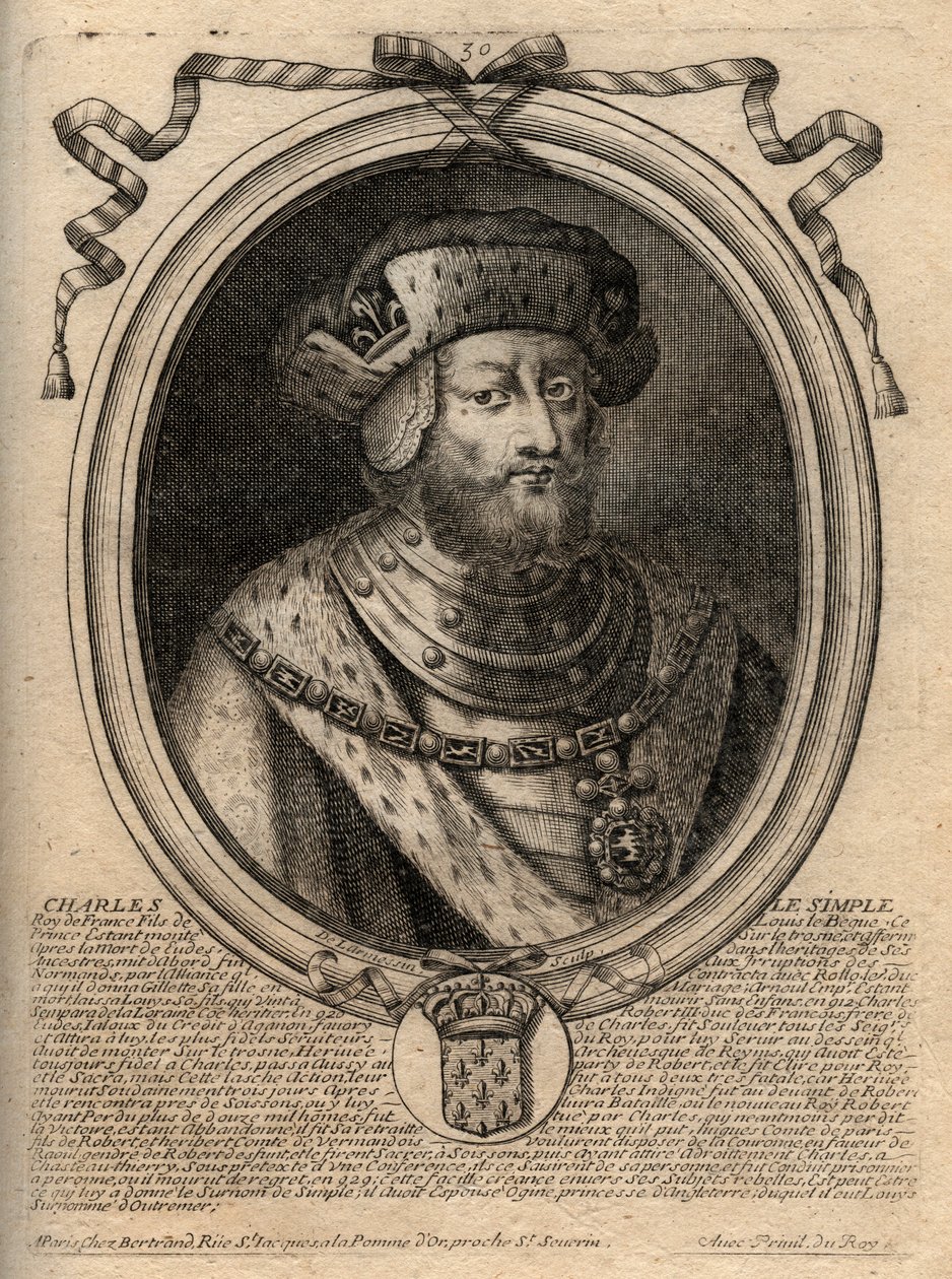 Kaarle III dit le Simplen (879-929) frankkien kuninkaan muotokuva - KARLES III (879-929) - Kaarle Yksinkertainen - Ranskan kuningas, 893-923 - kaiverrus teoksesta "Les Augustes Representations de tous les Kings de France from Pharamond LouisXIV:lle, Pariis tekijältä de Larmessin