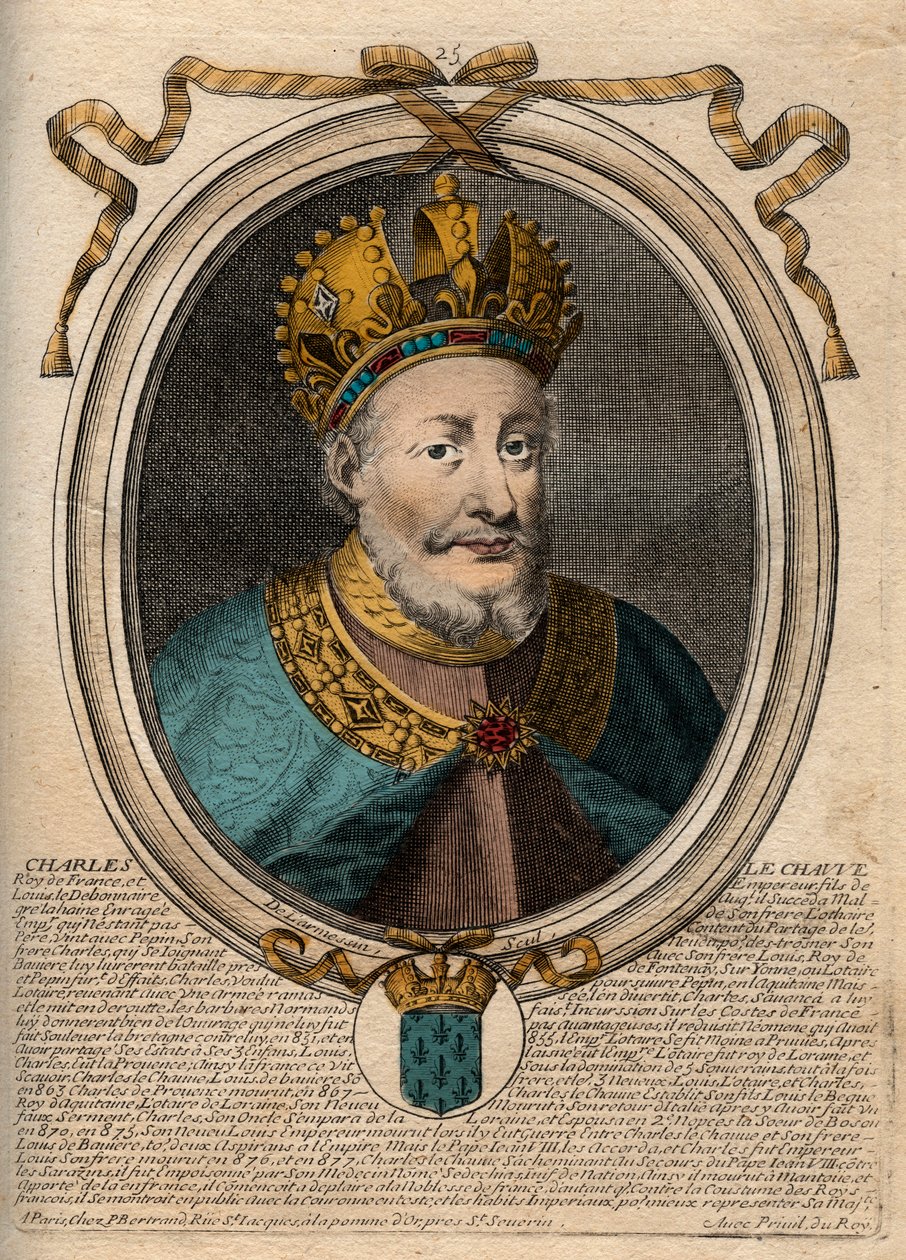 Kaarle II Kaljuun (823-877), Ranskan kuninkaan - Kaarle II:n (823-877) Kaljuun muotokuva - kaiverrus teoksesta "Les Augustes Representations de tous les Kings de France from Pharamond to LouisXIV", Pariisi tekijältä de Larmessin