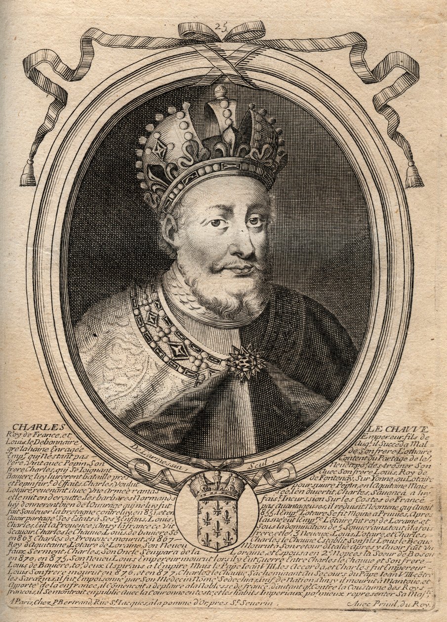 Kaarle II Kaljuun (823 - 877), Ranskan kuninkaan - Kaarle II (823-77) Kaljuun muotokuva - kaiverrus teoksesta "Les Augustes Representations de tous les Kings de France from Pharamond to LouisXIV", Pariisi tekijältä de Larmessin
