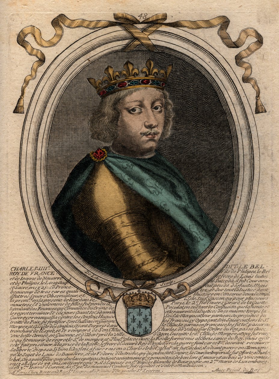 Muotokuva Kaarle IV Belistä (1294-1328), Ranskan kuningas - Kaarle IV "Koulullinen" (1294-1328) Ranskan kuningas - kaiverrus teoksesta "Les Augustes Representations de tous les Kings de France from Pharamond to LouisXIV", Pariisi tekijältä de Larmessin