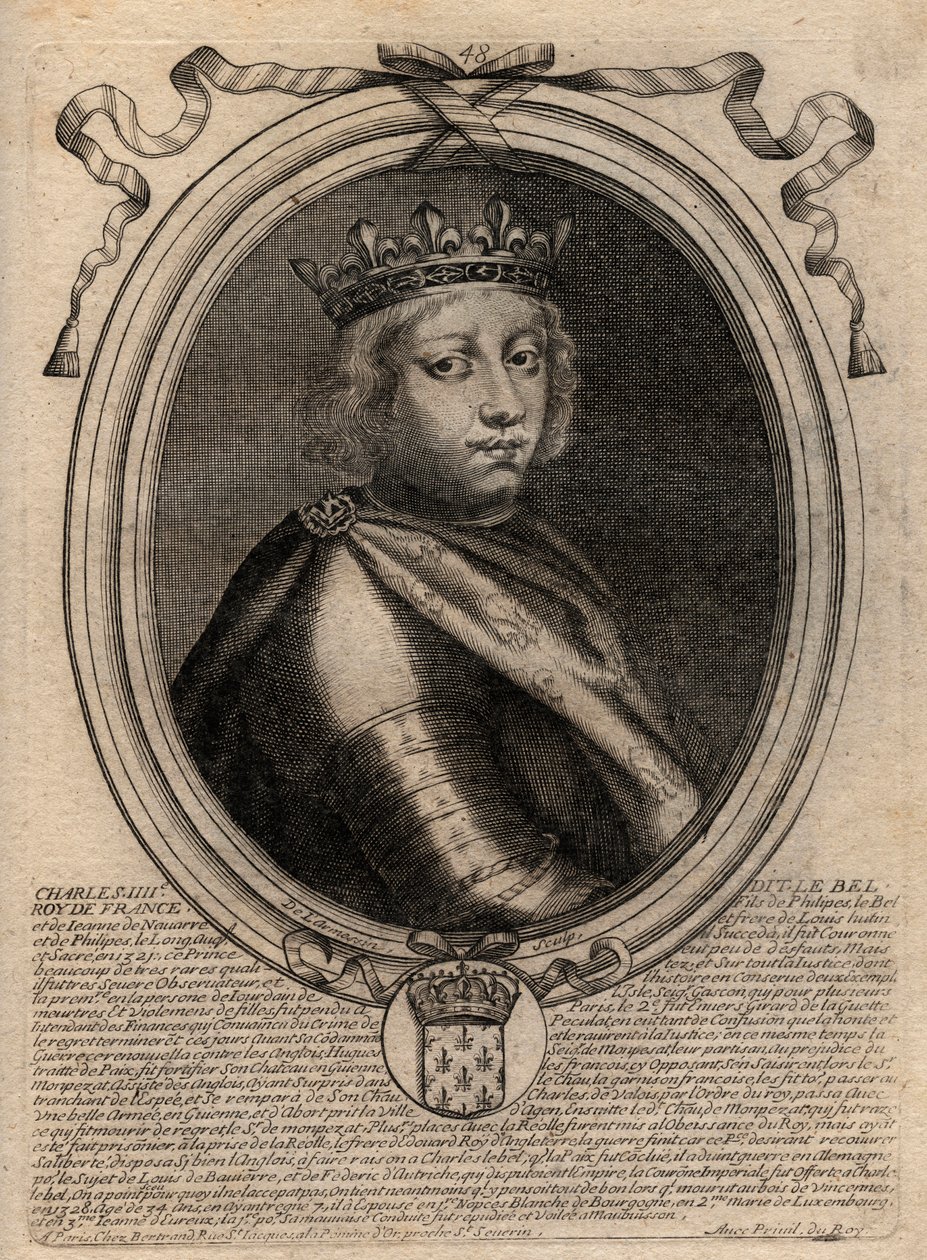 Muotokuva Kaarle IV Belistä (1294 - 1328), Ranskan kuningas - Kaarle IV "Koulullinen" (1294-1328) Ranskan kuningas - kaiverrus teoksesta "Les Augustes Representations de tous les Kings de France from Pharamond to LouisXIV", Pariisi tekijältä de Larmessin