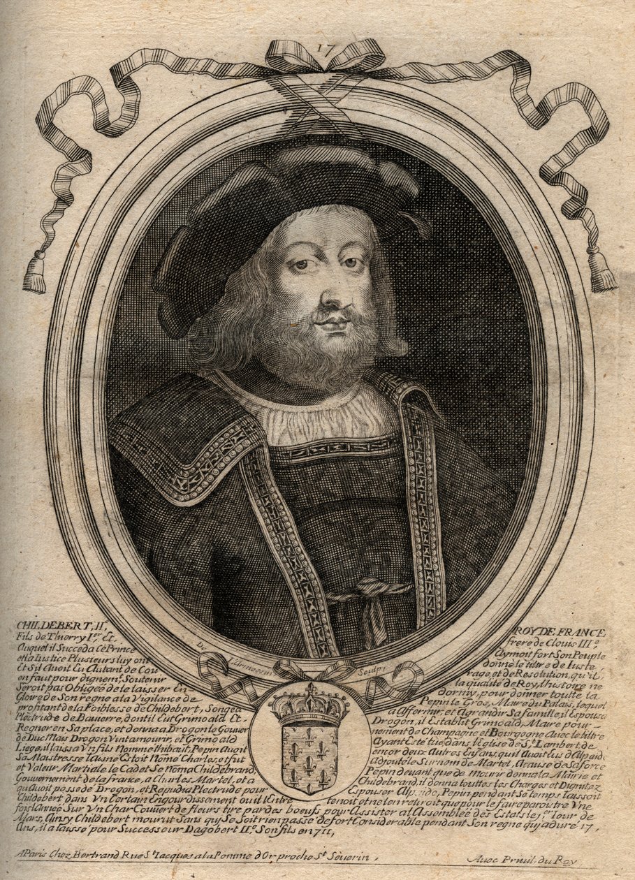 Muotokuva Childebert II:sta (n. 570 - 596), Austraasian kuninkaasta - Childebert II 570 - 595 Merovingien Austraasian kuningas - kaiverrus teoksesta "Les Augustes Representations de tous les Kings de France from Pharamond to LouisXIV", Pariisi tekijältä de Larmessin
