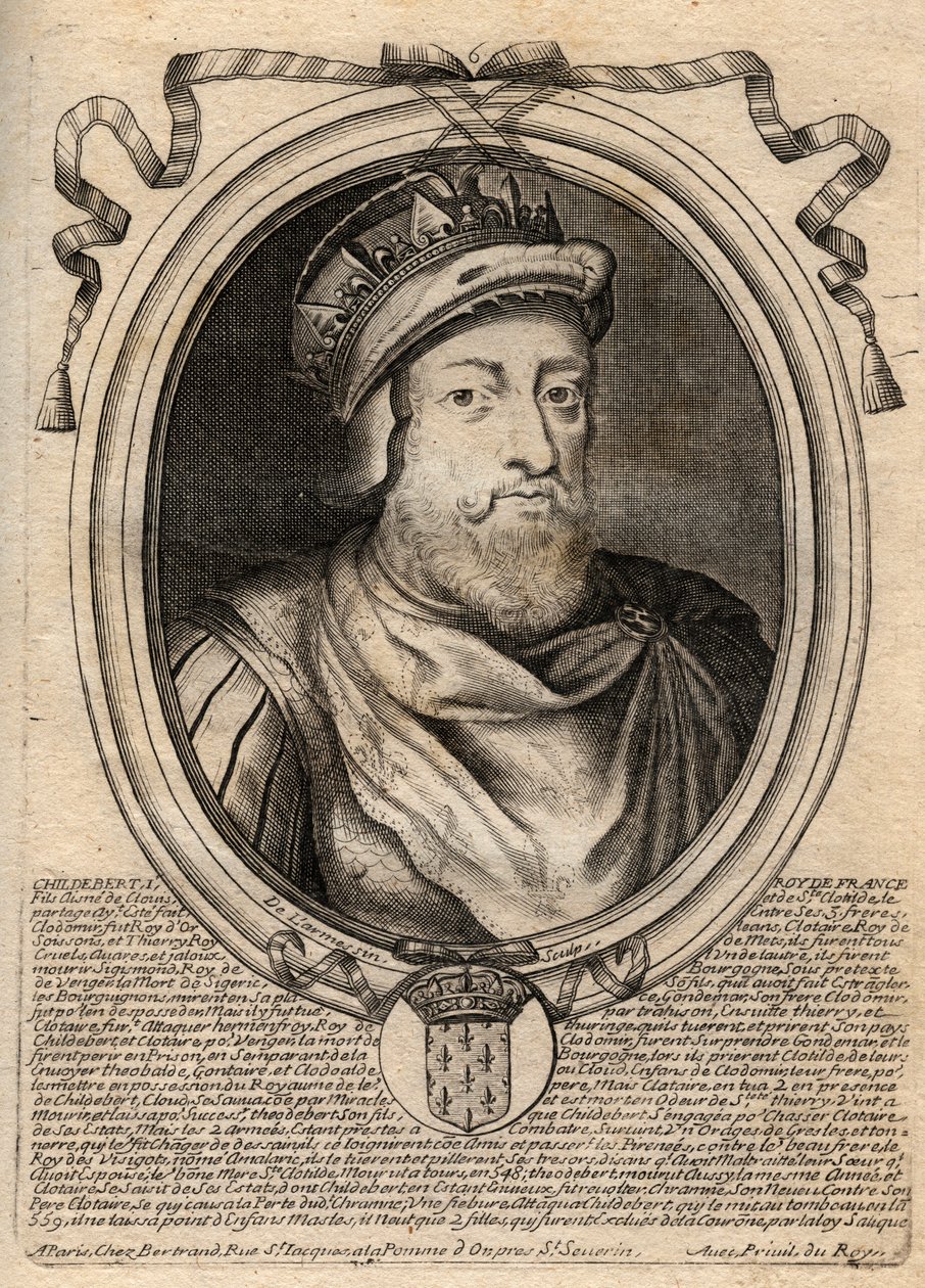 Childebert I:n, frangien kuninkaan muotokuva - kuningas Childebert I (497-558) - kaiverrus teoksesta "Les Augustes Representations de tous les Kings de France from Pharamond to LouisXIV", Pariisi tekijältä de Larmessin