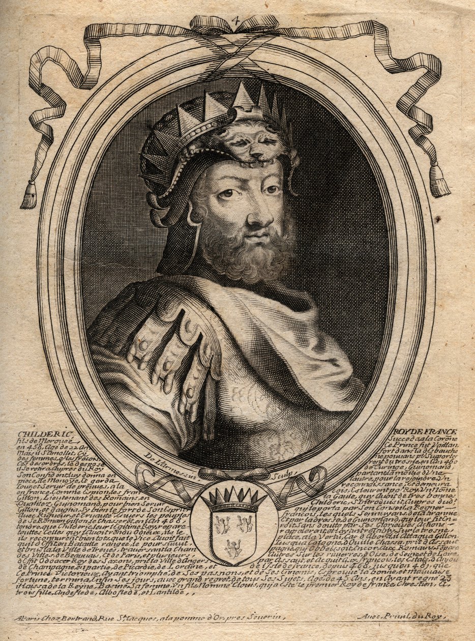 Muotokuva Childeric I:stä, Saliansin frangien kuninkaan (436-481) - CHILDERIC I:n Salian frankkien kuninkaan muotokuva - kaiverrus teoksesta "Les Augustes Representations de tous les Kings de France from Pharamond to LouisXIV", Pariisi tekijältä de Larmessin