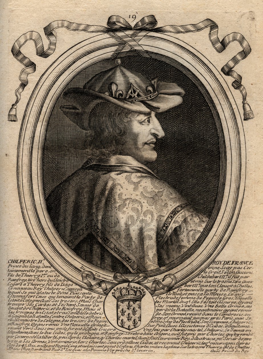 Neutrian kuninkaan Chilperic II (n. 670 - 721) muotokuva - frankkien kuninkaan CHILPERIC II -kaiverrus teoksesta "Les Augustes Representations de tous les Kings de France from Pharamond to LouisXIV", Pariisi tekijältä de Larmessin