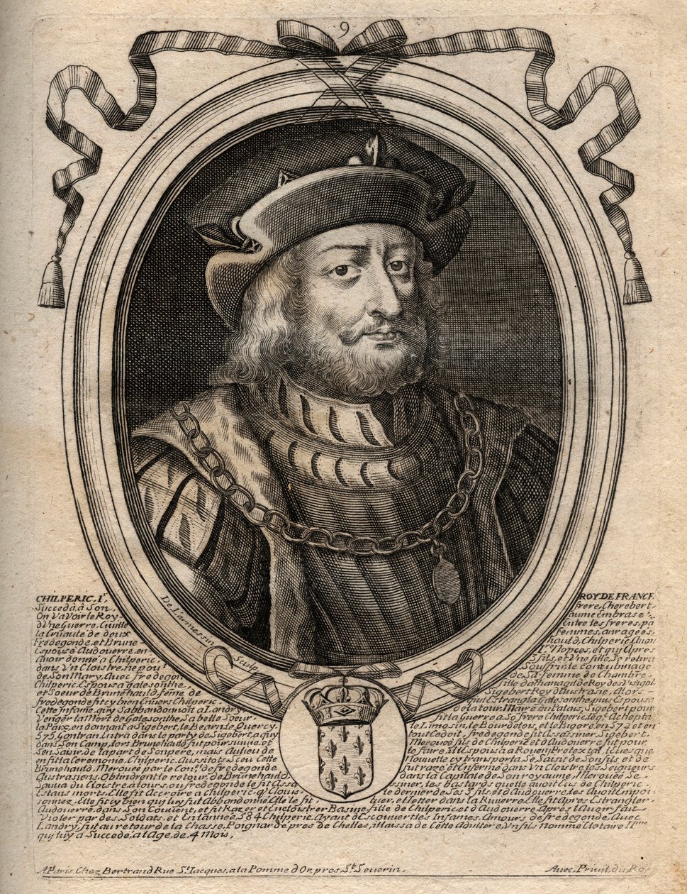 Chilperic I:n (539 - 584), Neutrian kuninkaan muotokuva - Chilperic I, Merovingien Ranskan kuningas - kaiverrus teoksesta "Les Augustes Representations de tous les Kings de France from Pharamond to LouisXIV", Pariisi tekijältä de Larmessin
