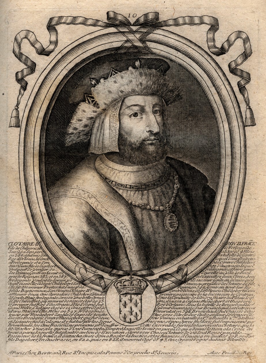 Clotaire (Clothaire) II:n (584 - 628), Neutrian kuninkaan ja frankkien kuninkaan muotokuva - Clotaire tai Chlotar II (k.629) frankkien kuningas - kaiverrus teoksesta Les Augustes Representations de tous les Kings de France from Pharamond LouisXIV