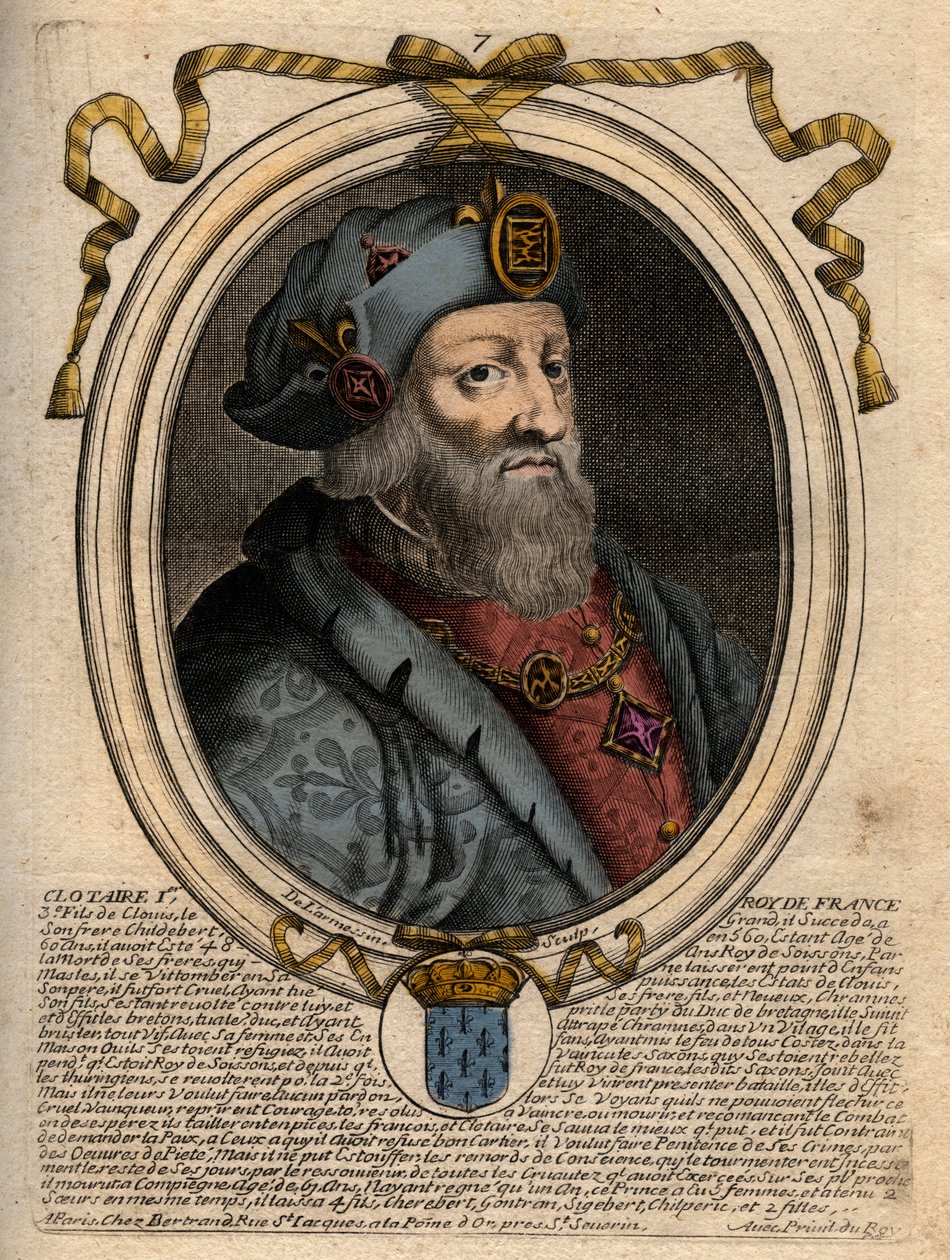 Clotaire (Clothaire) I:n (497-561), Neutrian kuninkaan ja frankkien kuninkaan muotokuva - Clothar I, frankkien kuningas - kaiverrus teoksesta "Les Augustes Representations de tous les Kings de France from Pharamond to LouisXIV", Pariisi tekijältä de Larmessin