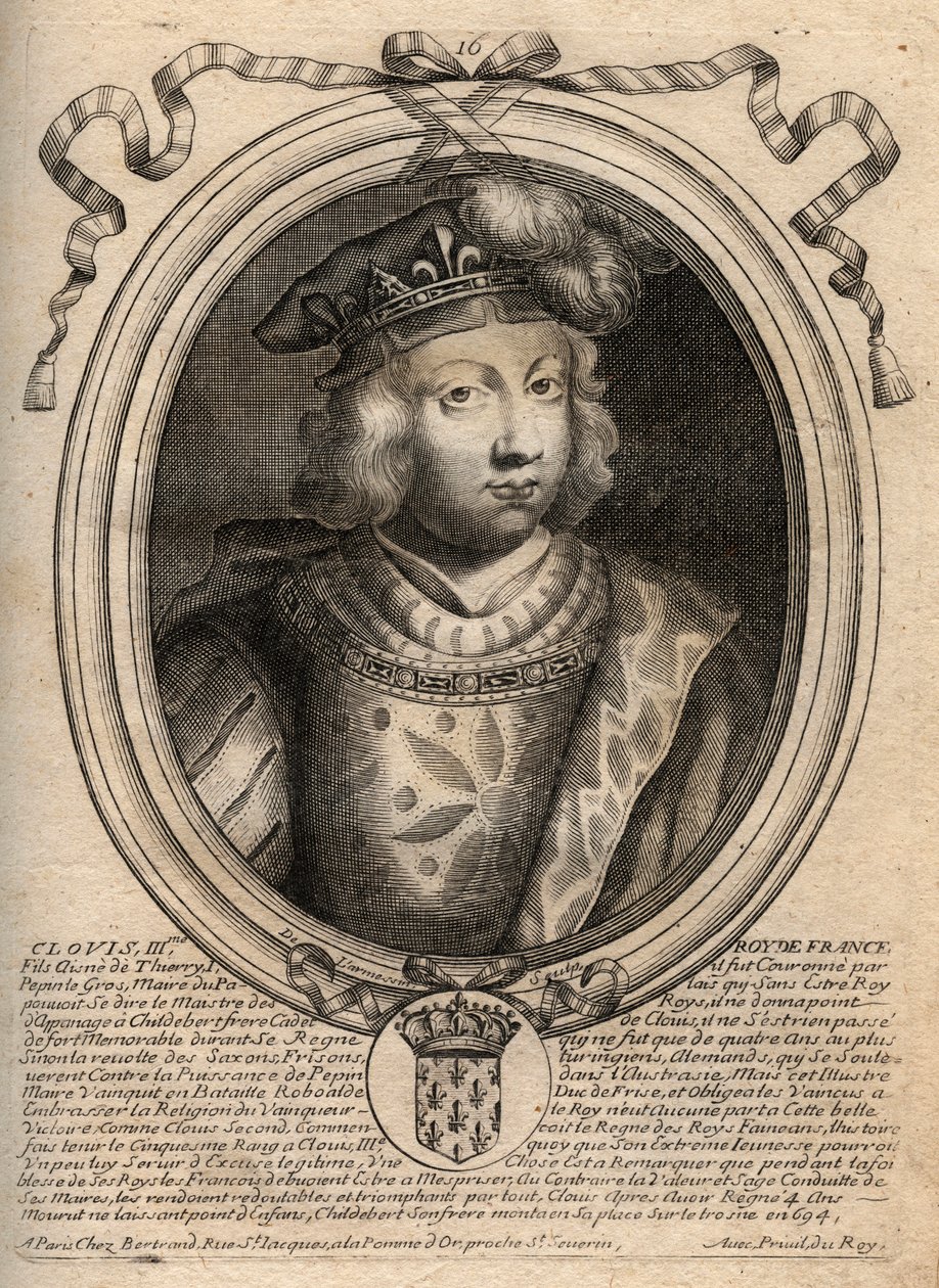 Clovis III:n, frangien kuninkaan muotokuva 691–695 - KLOVIS III: Neutrian ja Austraasian merovingilainen kuningas - kaiverrus teoksesta "Les Augustes Representations de tous les Kings de France from Pharamond to LouisXIV", Pariisi tekijältä de Larmessin