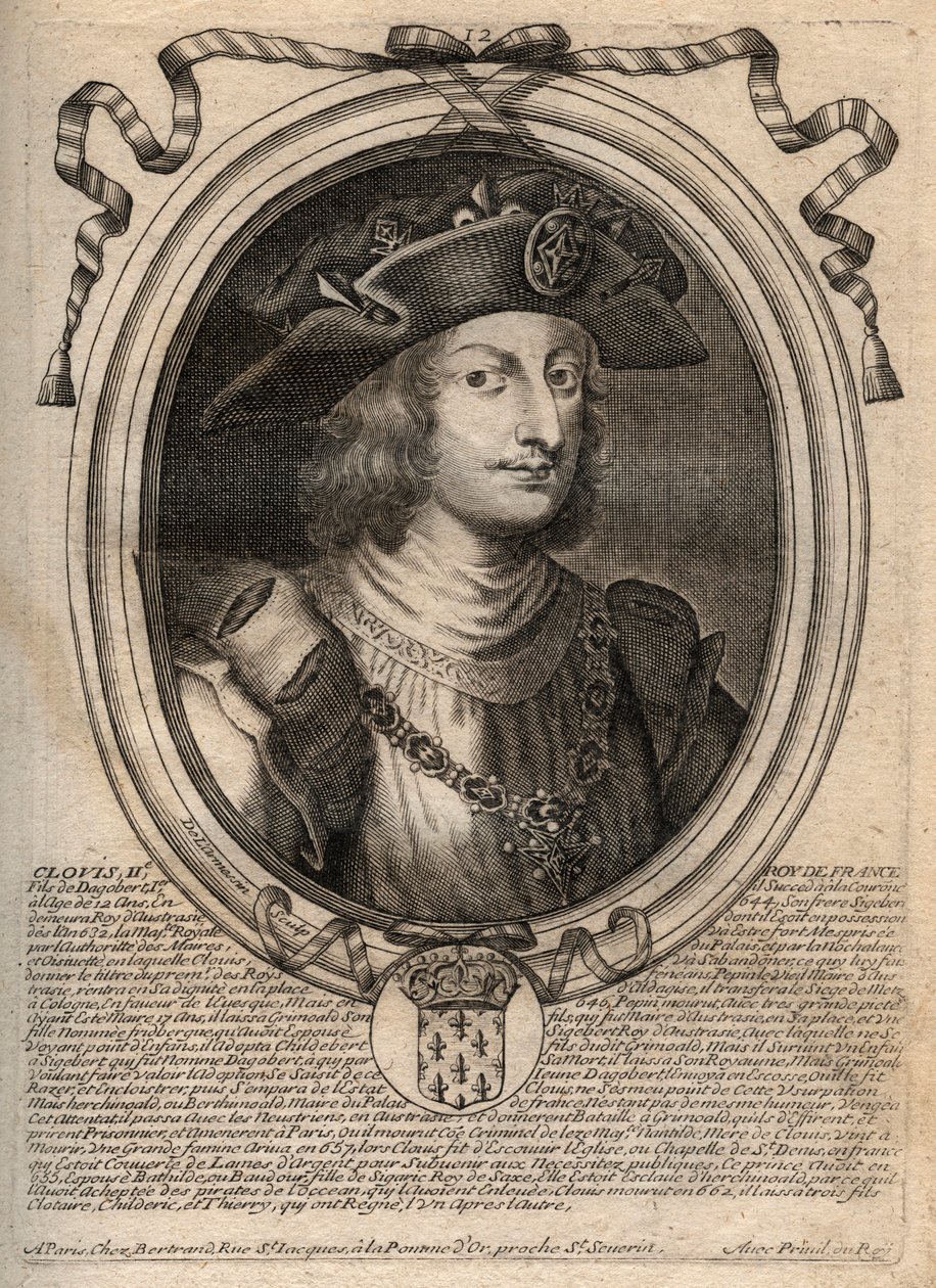 Muotokuva Clovis II:sta, frangien kuninkaan (v.633-657) - Clovis II:n (n.634-657), Merovingien frankkien Neutrian ja Burgundin kuninkaasta (639-657) - kaiverrus teoksesta "Les Augustes Representations de tous les Kings" de France Pharamondista LouisXIV