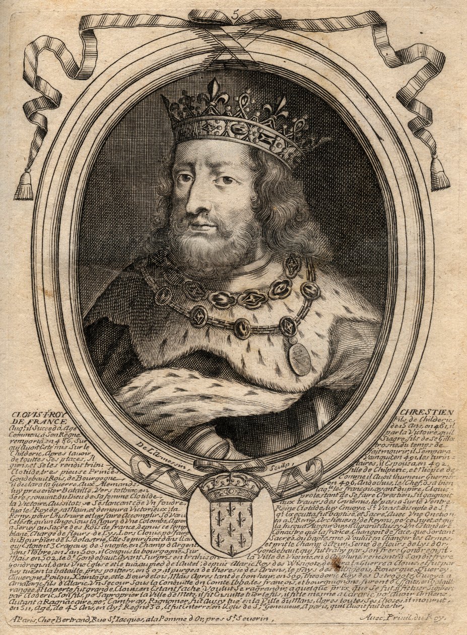Clovis I:n (s. 466 - 511), frankkien kuninkaan muotokuva - Clovis I:n (466-511), frankkien kuninkaan muotokuva - kaiverrus teoksesta "Les Augustes Representations de tous les Kings de France from Pharamond to LouisXIV", Pariisi tekijältä de Larmessin