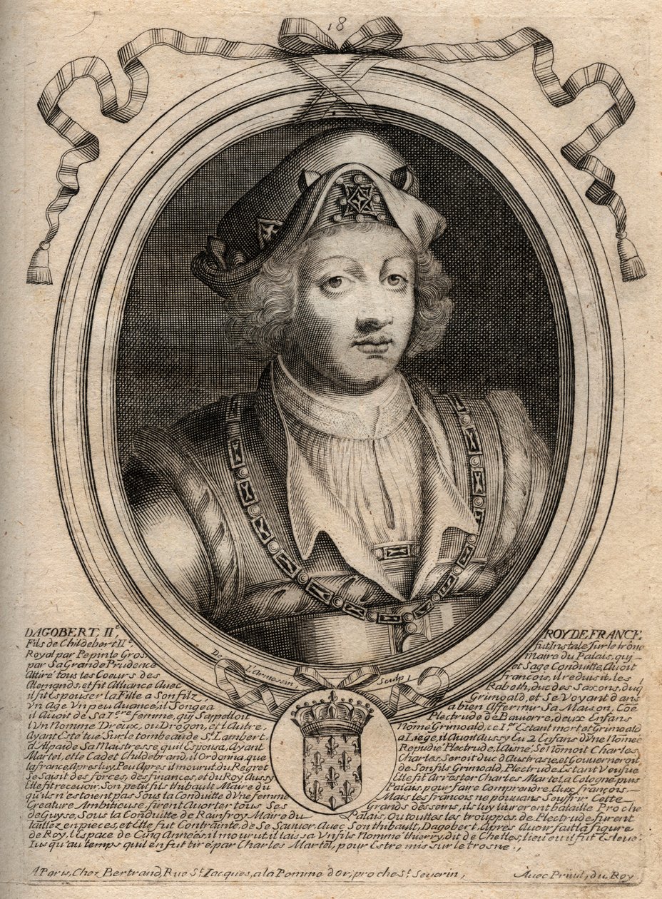 Dagobert II:n, 711a 716 frangien kuninkaan muotokuva - Dagobert II (676-679), Austraasian kuningas - kaiverrus teoksesta "Les Augustes Representations de tous les Kings de France from Pharamond to LouisXIV", Pariisi tekijältä de Larmessin