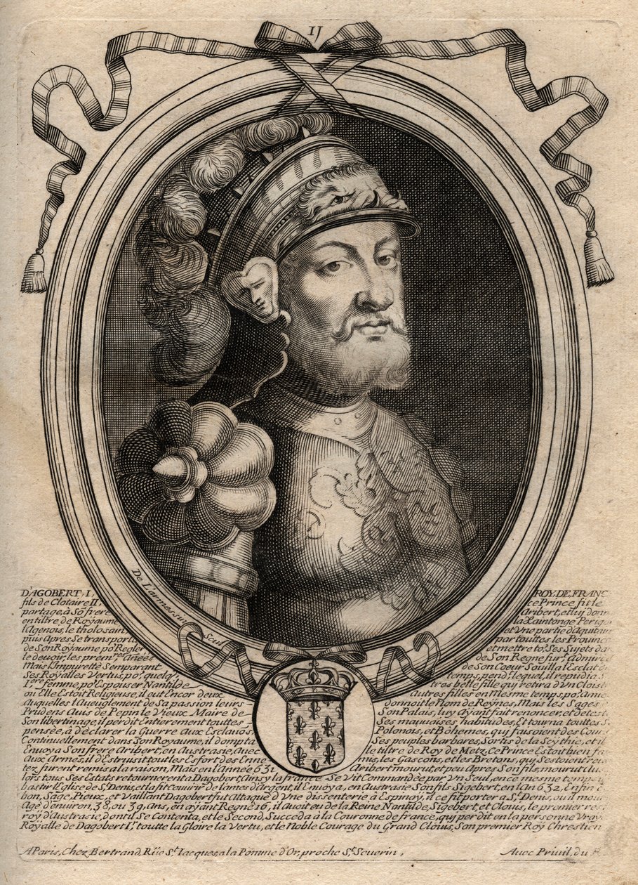 Dagobertin, frangien kuninkaan muotokuva 628-638 - Dagobert (605-39) frankkien kuningas - kaiverrus teoksesta "Les Augustes Representations de tous les Kings de France from Pharamond to LouisXIV", Pariisi tekijältä de Larmessin