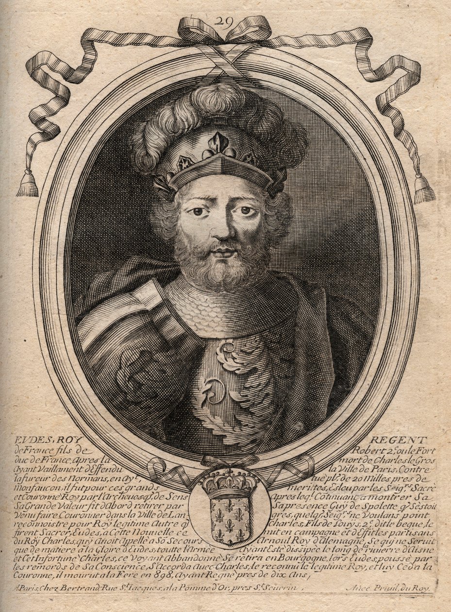 Eudeksen (Odon) muotokuva (v. 860 - 898), Pariisin ja Troyesin kreivi, silloinen Ranskan kuningas - Pariisin EUDES-kreivi valittiin Ranskan valtaistuimelle Kaarle keisarin kukistumisen jälkeen - kaiverrus teoksesta "Les Augustes Representations de tous les tekijältä de Larmessin