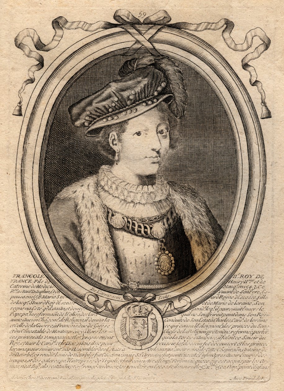 Muotokuva Francois II:sta (1544-1560) Ranskan kuningas - Francois (Francis) II (1544-60) - kaiverrus teoksesta "Les Augustes Representations de tous les Kings de France from Pharamond to LouisXIV", Pariisi tekijältä de Larmessin