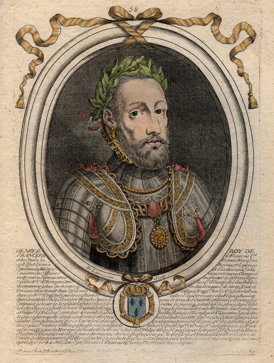 Muotokuva Henrik II:sta (1519-1559) Ranskan kuningas - Henrik II (1519-59), Ranskan kuningas - kaiverrus teoksesta "Les Augustes Representations de tous les Kings de France from Pharamond to LouisXIV", Pariisi tekijältä de Larmessin