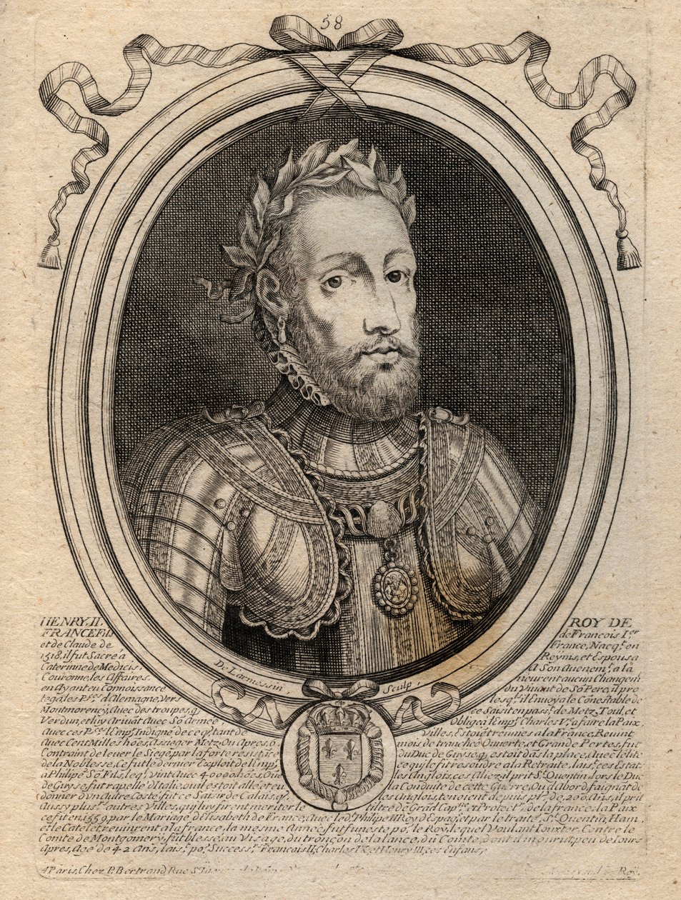 Muotokuva Henrik II:sta (1519 - 1559) Ranskan kuningas - Henrik II (1519-59), Ranskan kuningas - kaiverrus teoksesta "Les Augustes: Kaikkien Ranskan kuninkaiden esitykset Pharamondista LudvigXIV:hen", Pariisi tekijältä de Larmessin