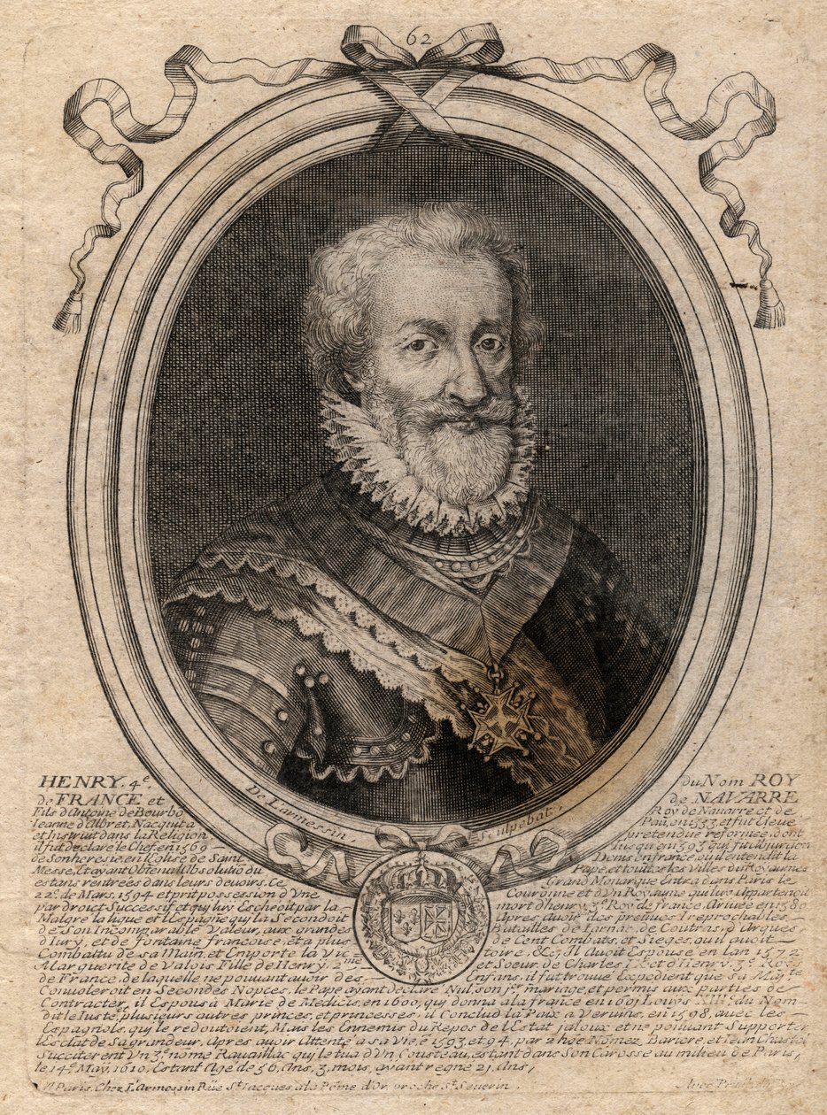 Henry IV:n (1553-1610) Ranskan kuninkaan muotokuva - Henrik IV:n (1553-1610) Ranskan kuninkaan muotokuva - kaiverrus teoksesta "Les Augustes, Ranskan kuninkaiden esitykset Pharamondista LudvigXIV:hen", Pariisi tekijältä de Larmessin