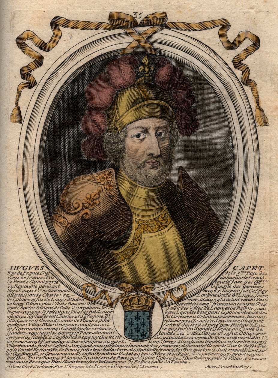Hugues I Capetin (n. 941 - 996), Ranskan herttua ja Ranskan kuninkaan muotokuva - Hugues I Capetin (n. 941-996), Ranskan kuninkaan muotokuva - kaiverrus teoksesta Les Augustes Representations de tous les Kings de France from Pharamond LouisXIV