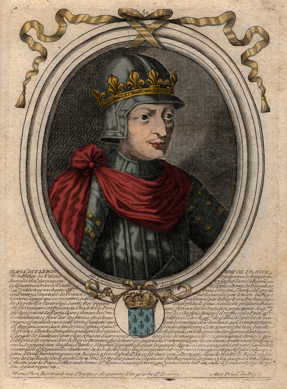 Johannes II Hyvän (1319-1364), Ranskan kuninkaan muotokuva - Johannes II:n, "Hyvän" (1319-64) Ranskan kuninkaan muotokuva - kaiverrus kirjasta "Les Augustes Representations de tous les Kings de France Pharamondista LudvigXIV:hen" 