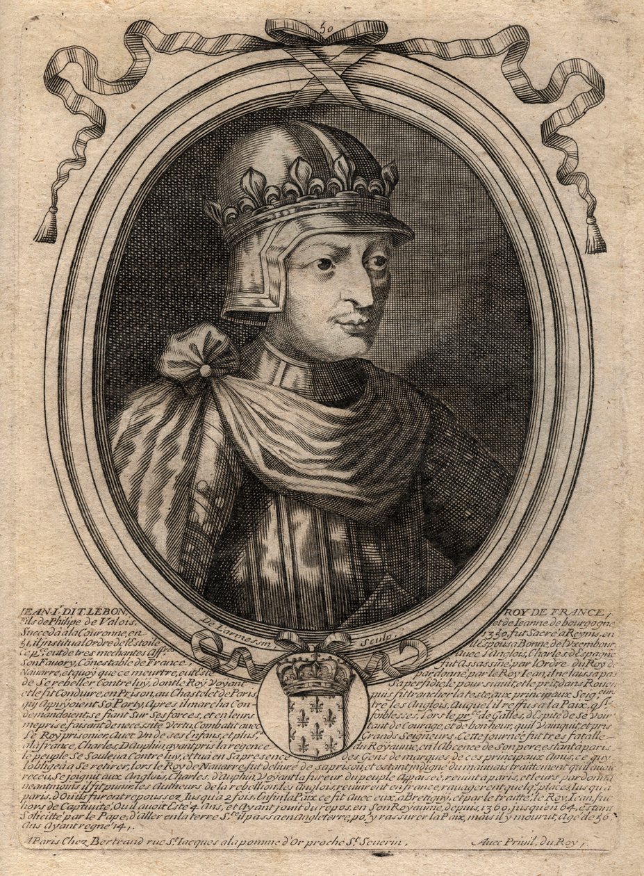 Johannes II Hyvän (1319-1364), Ranskan kuninkaan muotokuva - Johannes II:n, "Hyvän" (1319-64) Ranskan kuninkaan muotokuva - kaiverrus kirjasta "Les Augustes Representations de tous les Kings de France Pharamondista LudvigXIV:hen" 