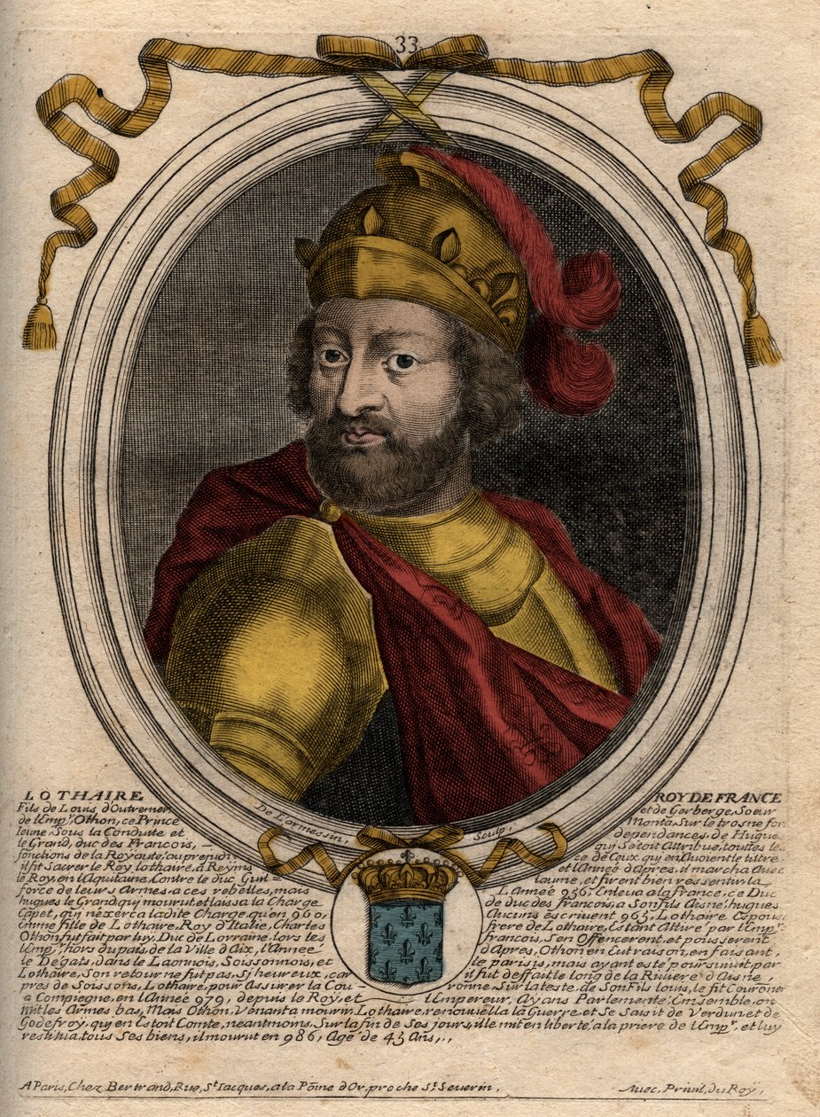 Lothairin (941-986), frankkien kuninkaan muotokuva - Lothair (941-986) Ranskan kuningas - kaiverrus teoksesta "Les Augustes Representations de tous les Kings de France from Pharamond to LouisXIV", Pariisi tekijältä de Larmessin